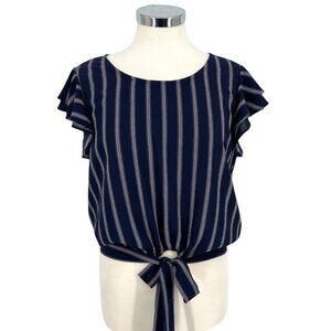 Sweet Wanderer Navy Blue Striped Tie-Front Top Ruffle Sleeves Size XL NWT